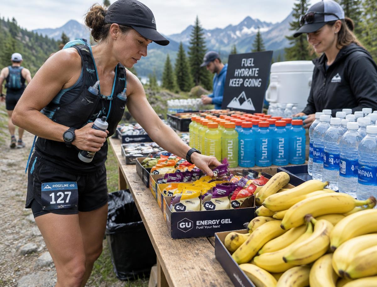 Ultrarunner grabbing fuel at a trail race aid station