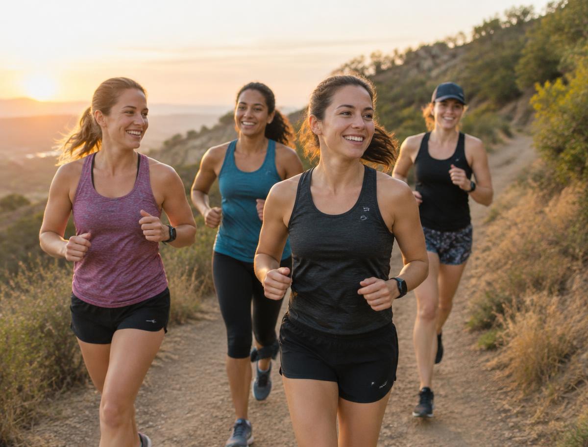 Women running together on a local trail at sunrise